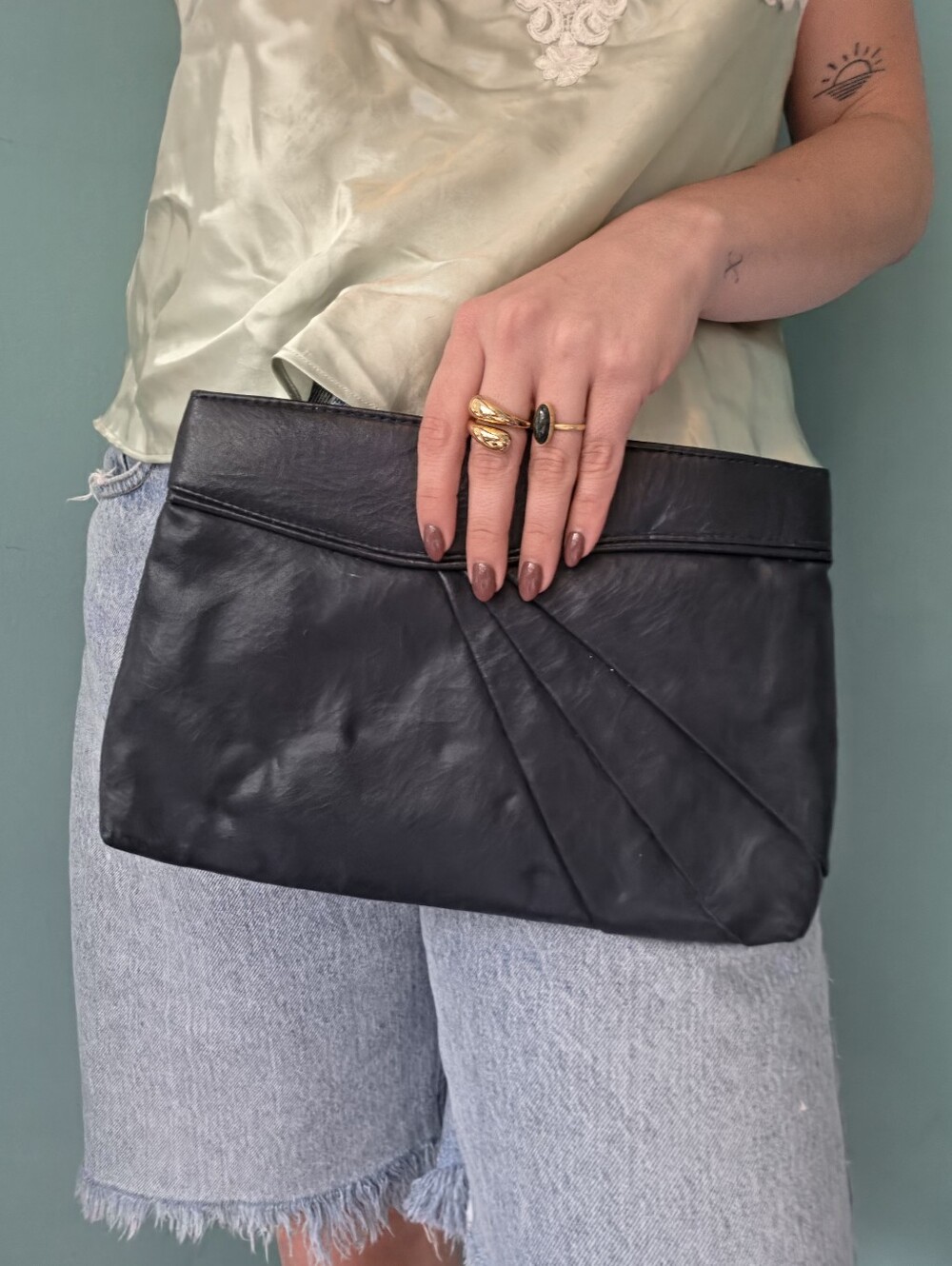Vintage Navy Leather Pleated Clutch Bag